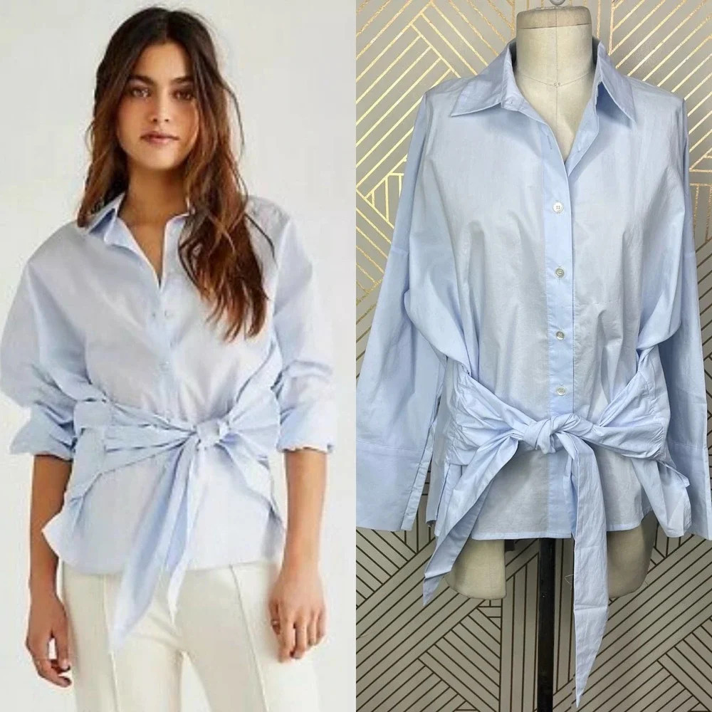 NWT Free People Mes Demoiselles Snap Shirt Tie Front Top Blue Size 36 *Damaged